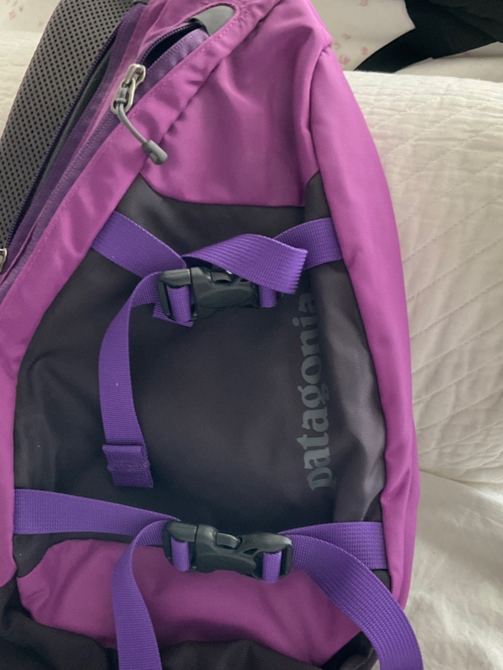 Patagonia Purple and Black Sling Daypack with Purple Webbing